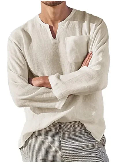 2025 Linen Shirt Men Brief Breathable Solid Color Long Sleeve Harajuku Casual Blouse Hawaiian Shirt Oversize Tops S-5XL