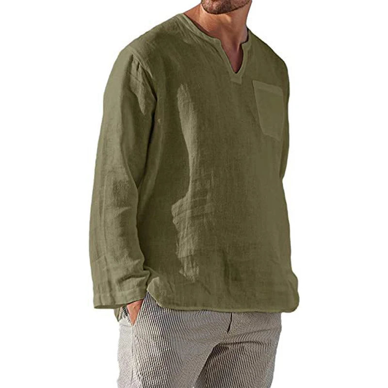 2025 Linen Shirt Men Brief Breathable Solid Color Long Sleeve Harajuku Casual Blouse Hawaiian Shirt Oversize Tops S-5XL