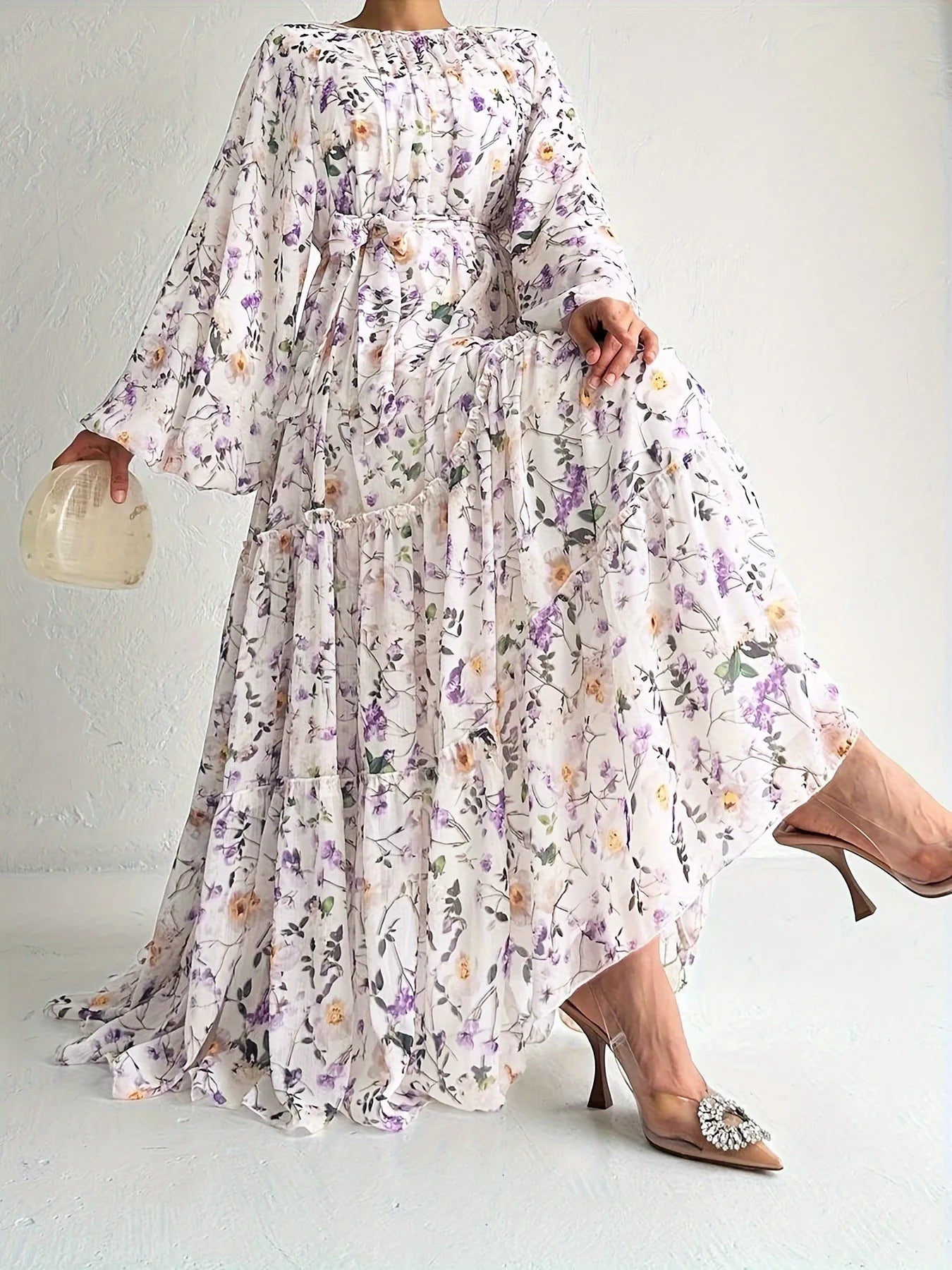 Muslim Dresses for Women Elegant Middle East Chiffon Abayas with Flowers and Belt High Waist Round Neck Summer Robe