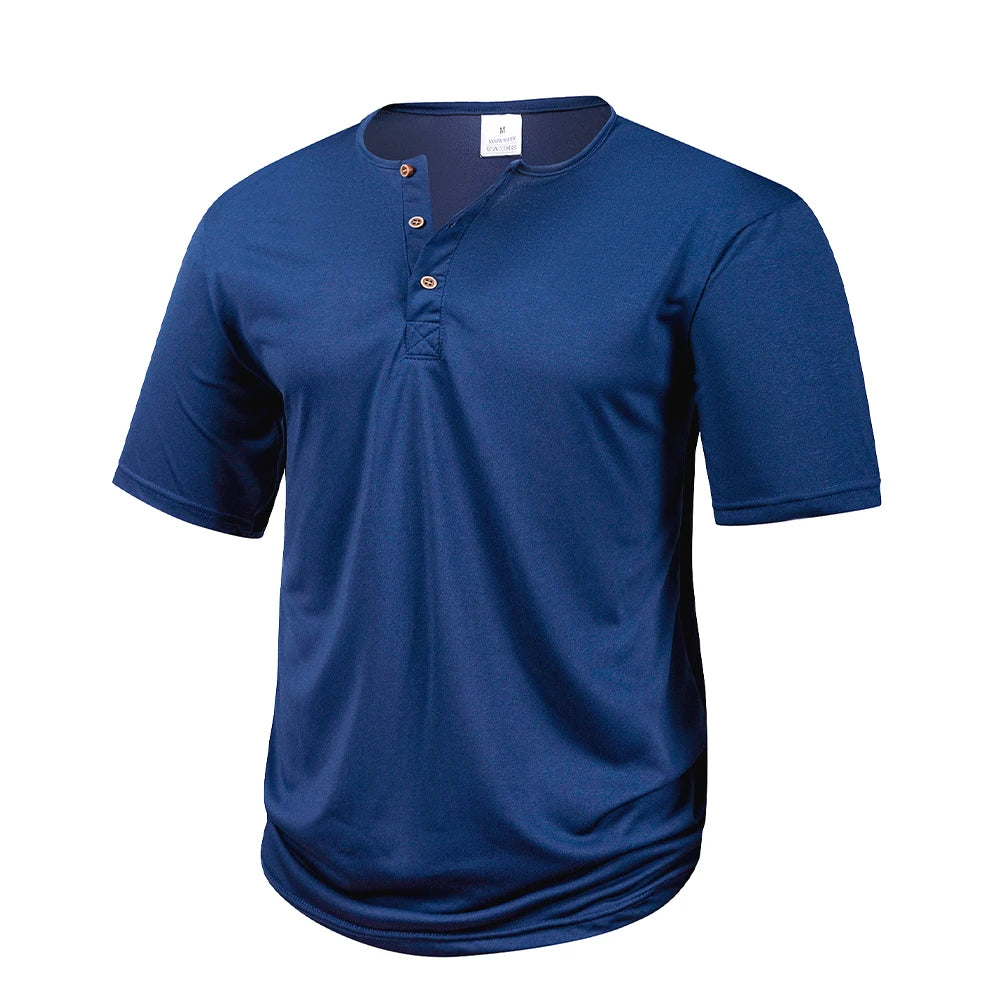 Henley Collar Summer Men's Casual Solid Color Short Sleeve T Shirt Mens   Fashion Basic Slim Button Neck Comfortable Shirt Tops