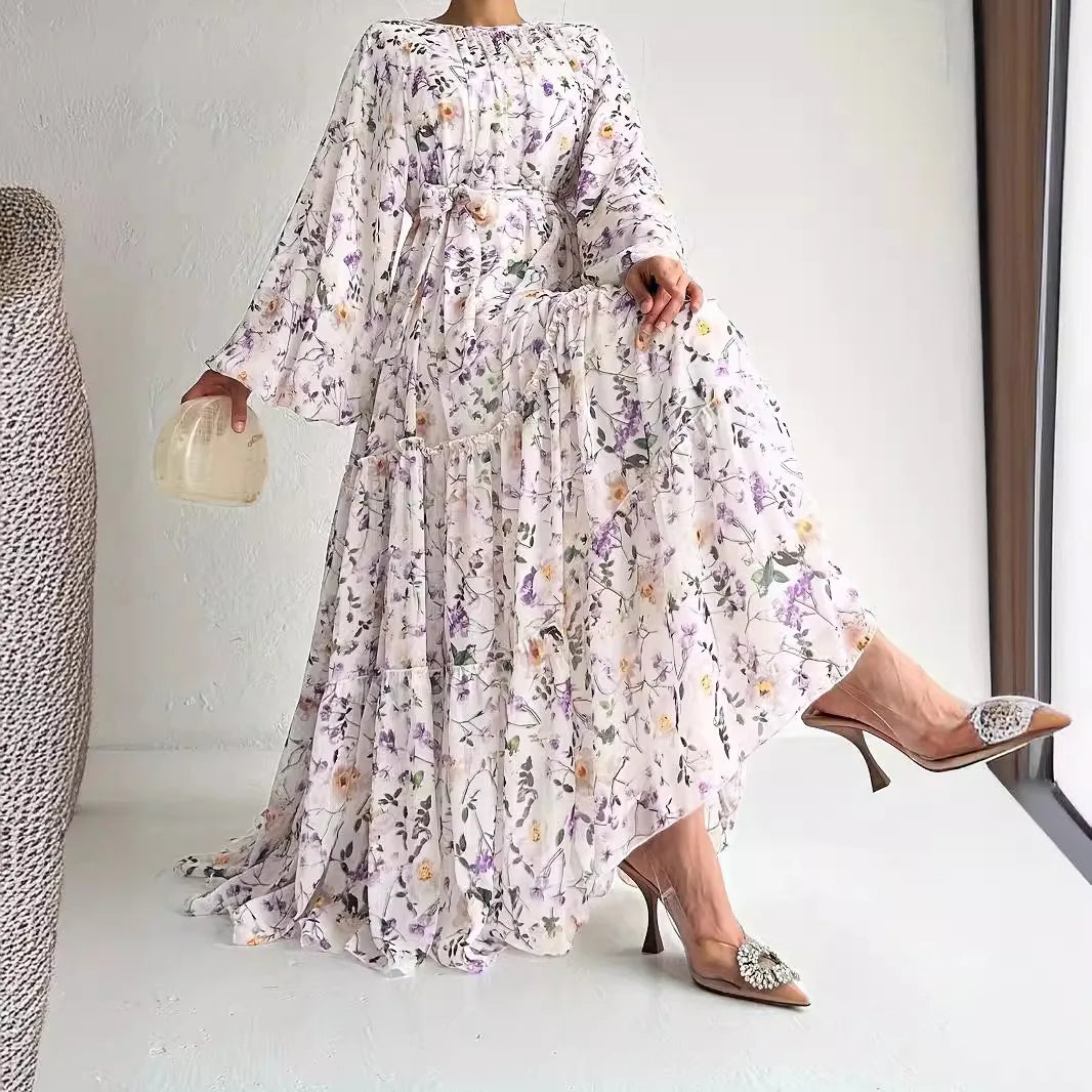 Muslim Dresses for Women Elegant Middle East Chiffon Abayas with Flowers and Belt High Waist Round Neck Summer Robe