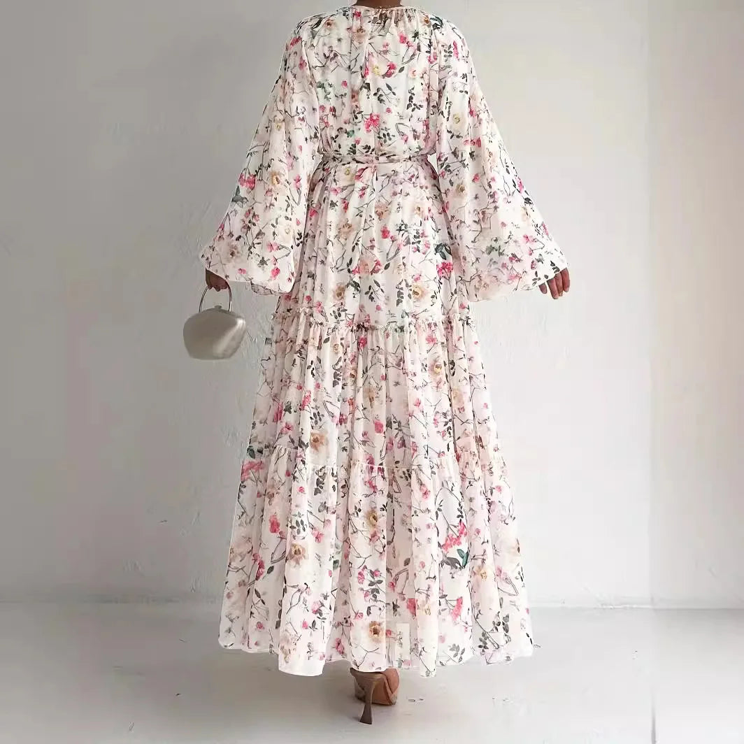 Muslim Dresses for Women Elegant Middle East Chiffon Abayas with Flowers and Belt High Waist Round Neck Summer Robe