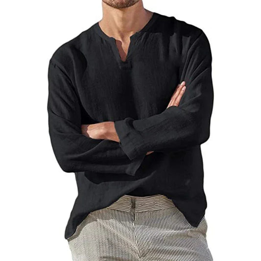 2025 Linen Shirt Men Brief Breathable Solid Color Long Sleeve Harajuku Casual Blouse Hawaiian Shirt Oversize Tops S-5XL