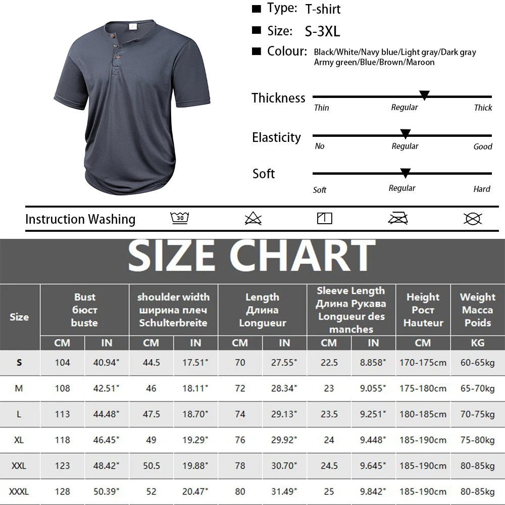 Henley Collar Summer Men's Casual Solid Color Short Sleeve T Shirt Mens   Fashion Basic Slim Button Neck Comfortable Shirt Tops