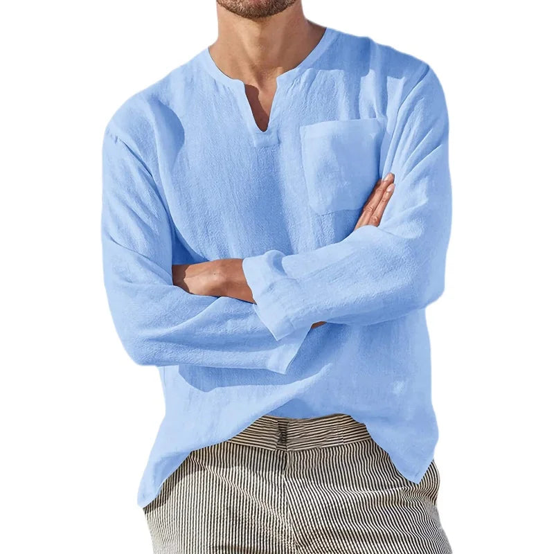 Casual Men's Long Sve V-Ne Linen irt Beach Independent Station Sle Slim Fit T-irt Youth Trend Spring Collection