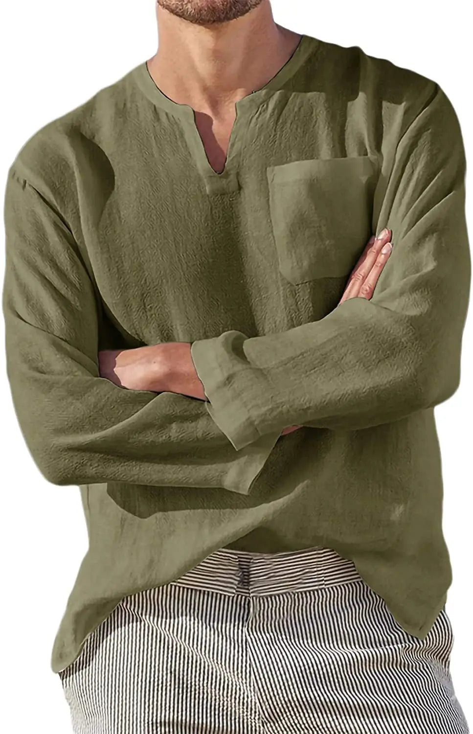Casual Men's Long Sve V-Ne Linen irt Beach Independent Station Sle Slim Fit T-irt Youth Trend Spring Collection