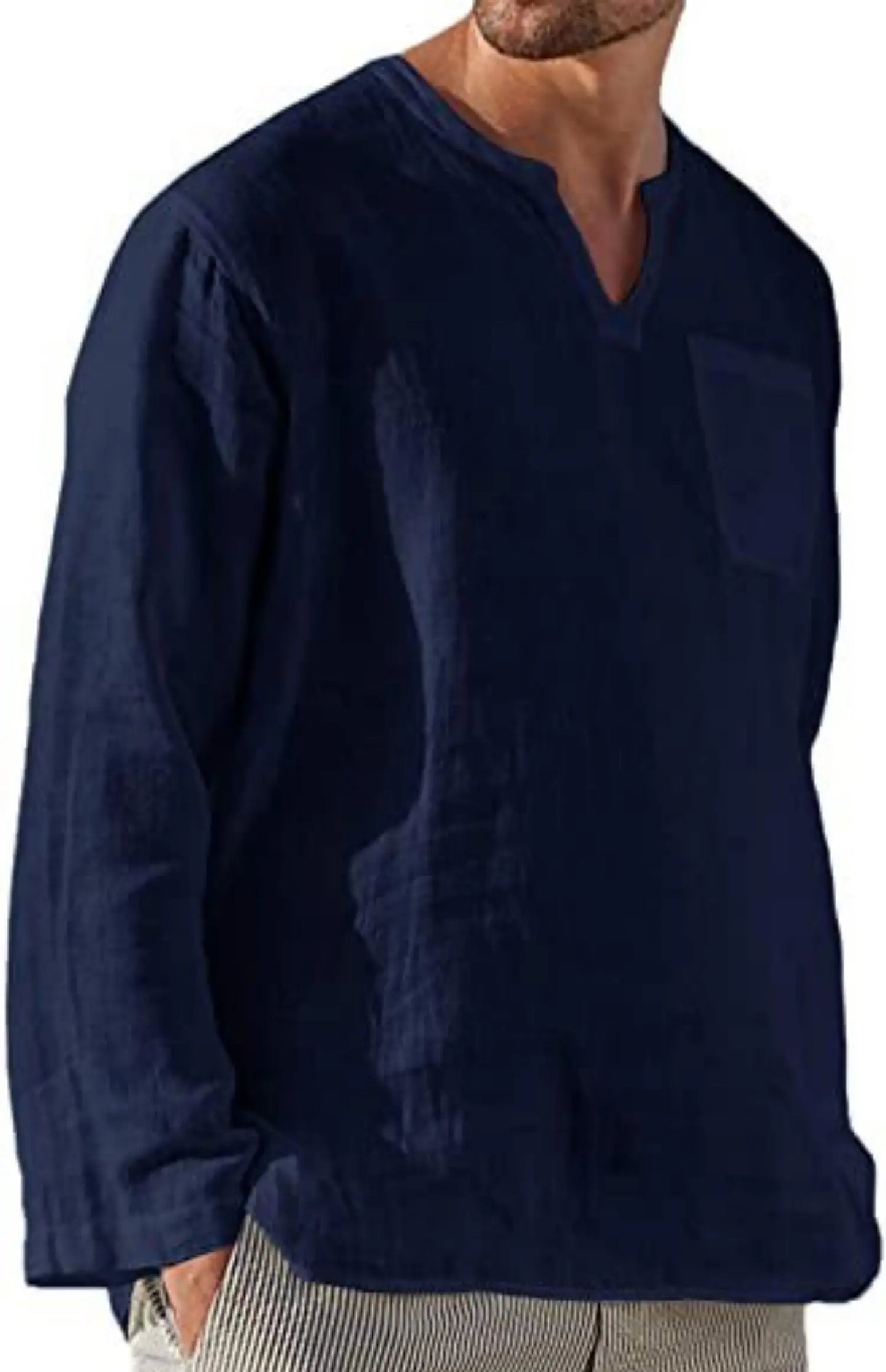 Casual Men's Long Sve V-Ne Linen irt Beach Independent Station Sle Slim Fit T-irt Youth Trend Spring Collection