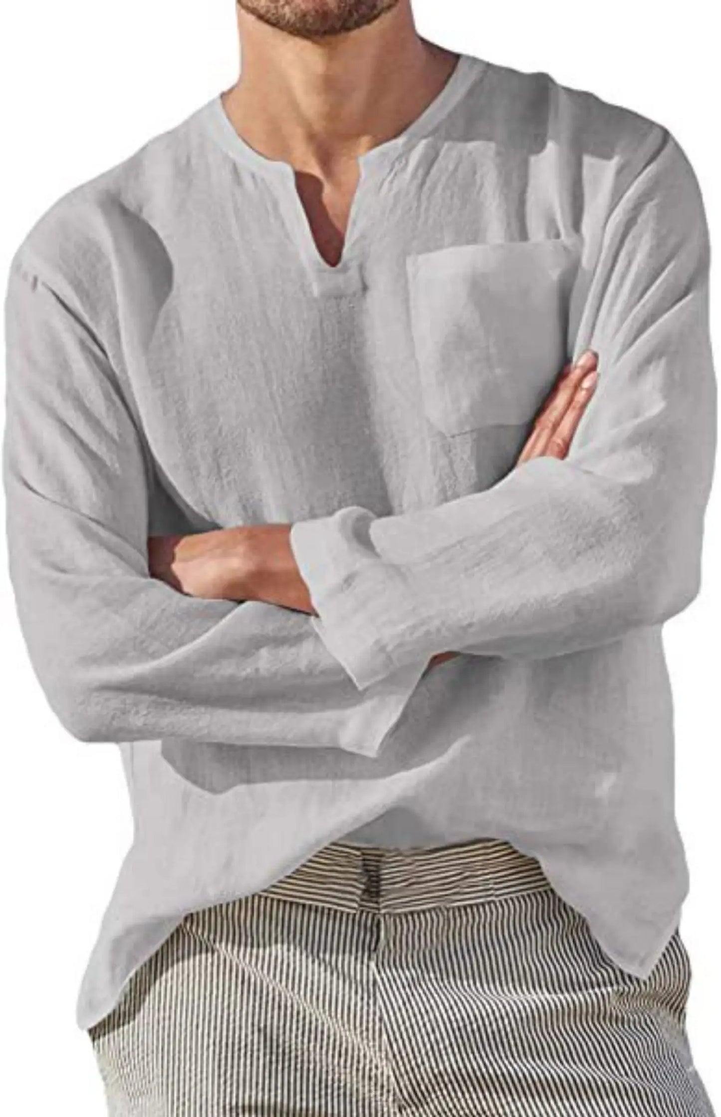 Casual Men's Long Sve V-Ne Linen irt Beach Independent Station Sle Slim Fit T-irt Youth Trend Spring Collection