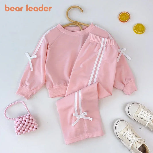 Bear Leader Autumn Fashion Bow Decoration Pink Sports Top+Pants Two-piece Sets Children's Daily Casual Wear Kids Clothes Girls
