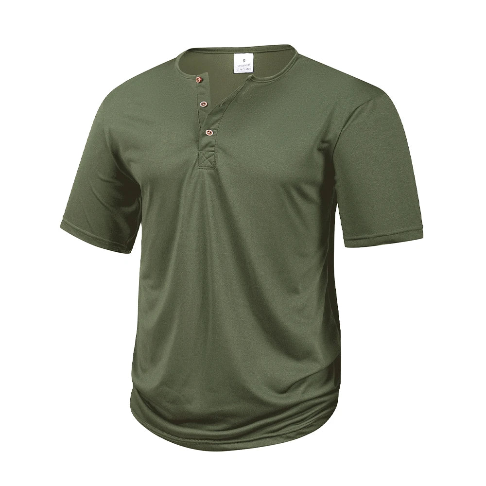 Henley Collar Summer Men's Casual Solid Color Short Sleeve T Shirt Mens   Fashion Basic Slim Button Neck Comfortable Shirt Tops