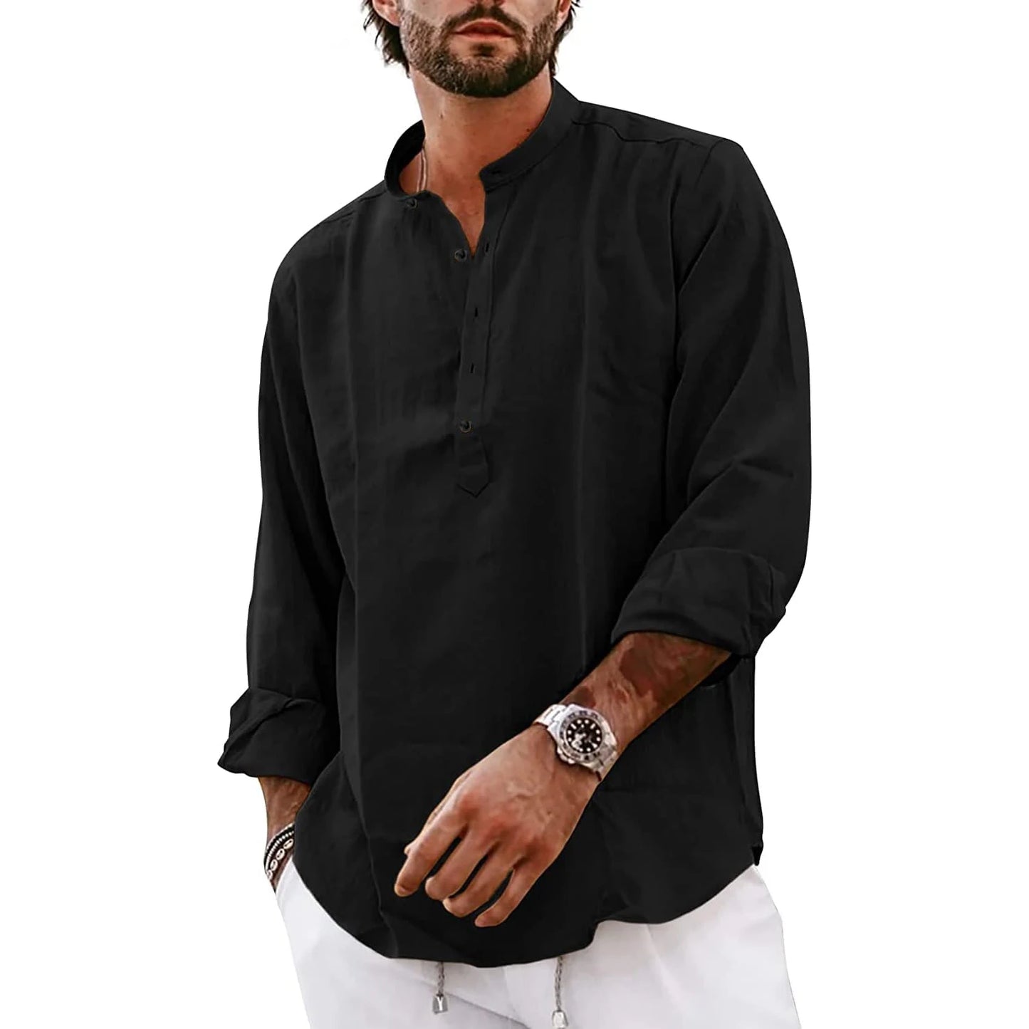 Streetwear Mens Cotton Linen Shirts Casual Lightweight Long Sleeve Henley Shirts for Men Beach Hawaiian Breathable T Shirts