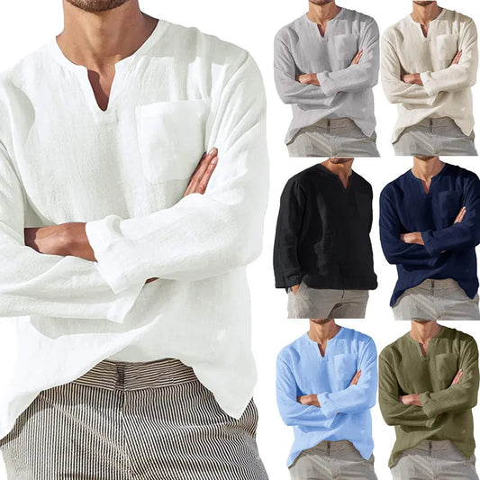 Casual Men's Long Sve V-Ne Linen irt Beach Independent Station Sle Slim Fit T-irt Youth Trend Spring Collection