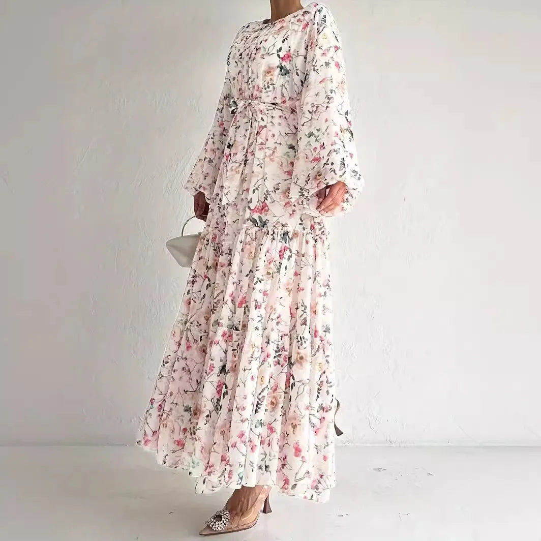 Muslim Dresses for Women Elegant Middle East Chiffon Abayas with Flowers and Belt High Waist Round Neck Summer Robe
