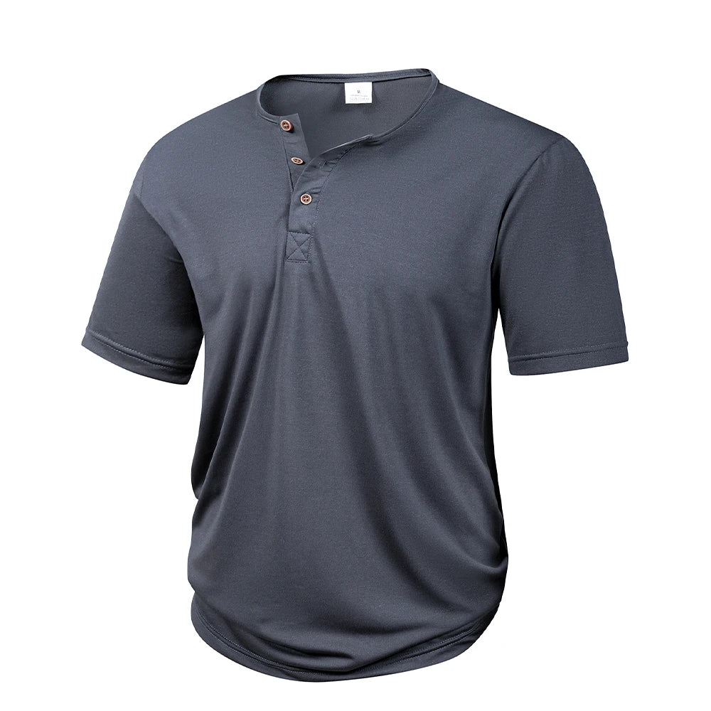 Henley Collar Summer Men's Casual Solid Color Short Sleeve T Shirt Mens   Fashion Basic Slim Button Neck Comfortable Shirt Tops