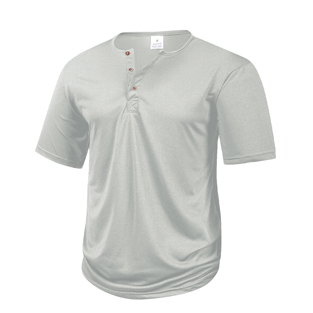 Henley Collar Summer Men's Casual Solid Color Short Sleeve T Shirt Mens   Fashion Basic Slim Button Neck Comfortable Shirt Tops
