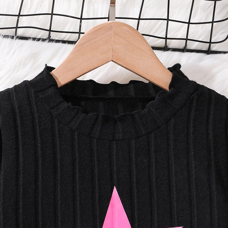 Children‘s Casual Clothing Outfits For Girls Black Pullover Hoodie And Rose Red Pants Sports Loose Comfortable Style Daily Suits