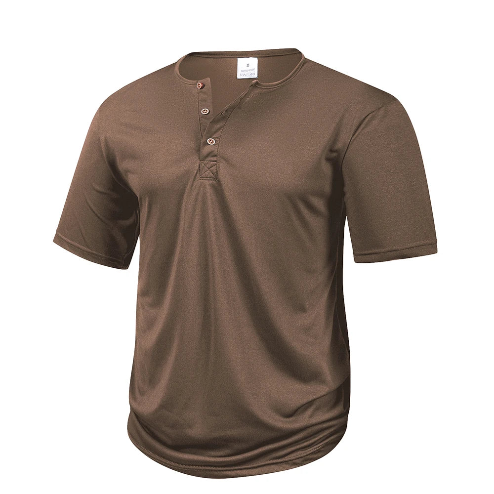 Henley Collar Summer Men's Casual Solid Color Short Sleeve T Shirt Mens   Fashion Basic Slim Button Neck Comfortable Shirt Tops