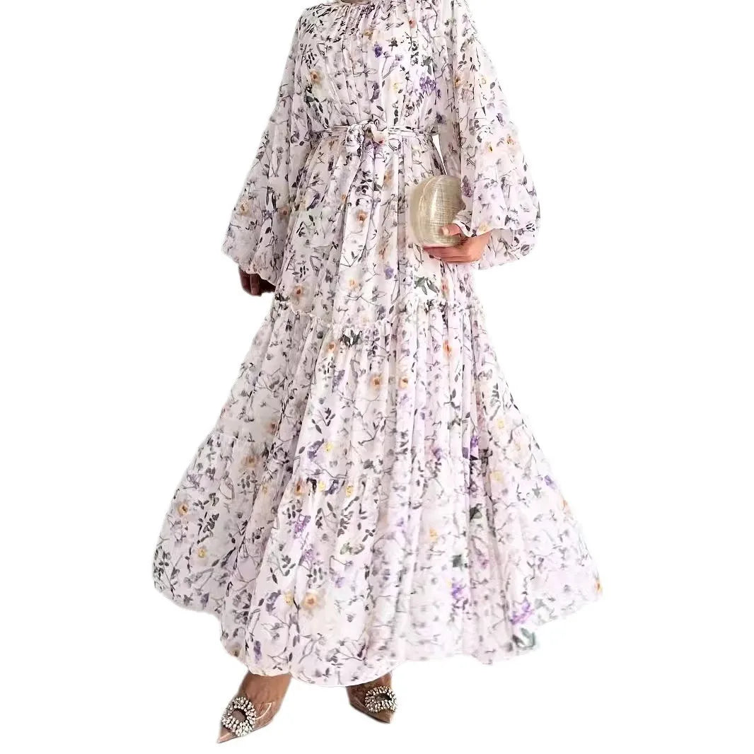 Muslim Dresses for Women Elegant Middle East Chiffon Abayas with Flowers and Belt High Waist Round Neck Summer Robe