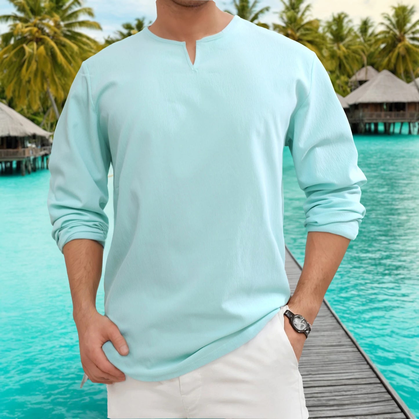 Men's Autumn Shirts Solid Color Casual Henry Neck Long Sleeve Outdoor Simple Male Blouse Thin V-neck top