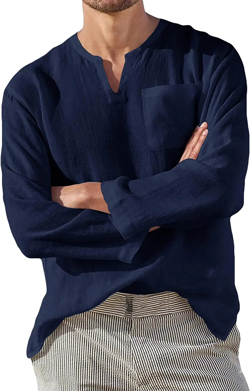 Casual Men's Long Sve V-Ne Linen irt Beach Independent Station Sle Slim Fit T-irt Youth Trend Spring Collection