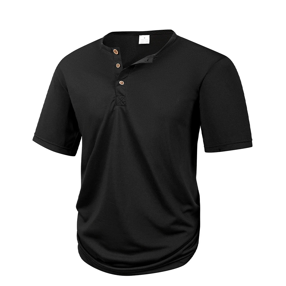 Henley Collar Summer Men's Casual Solid Color Short Sleeve T Shirt Mens   Fashion Basic Slim Button Neck Comfortable Shirt Tops