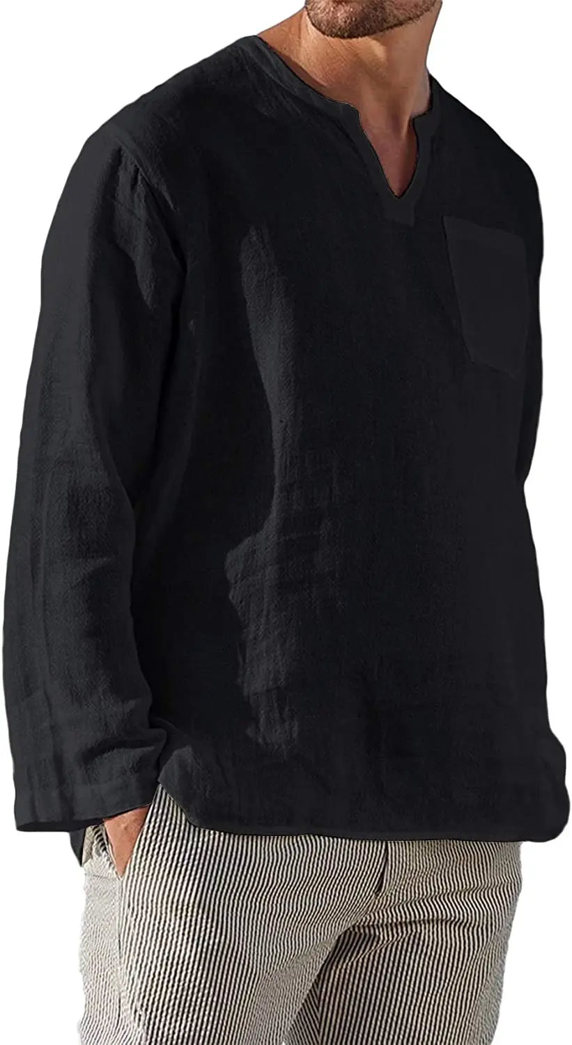 Casual Men's Long Sve V-Ne Linen irt Beach Independent Station Sle Slim Fit T-irt Youth Trend Spring Collection