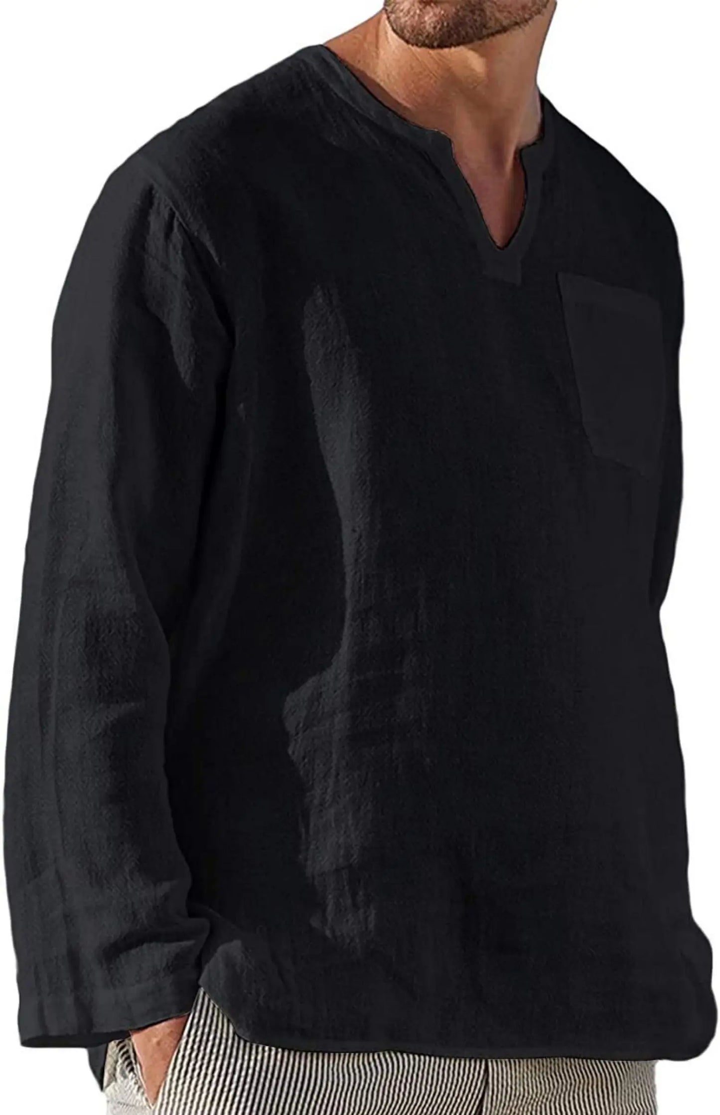 Casual Men's Long Sve V-Ne Linen irt Beach Independent Station Sle Slim Fit T-irt Youth Trend Spring Collection