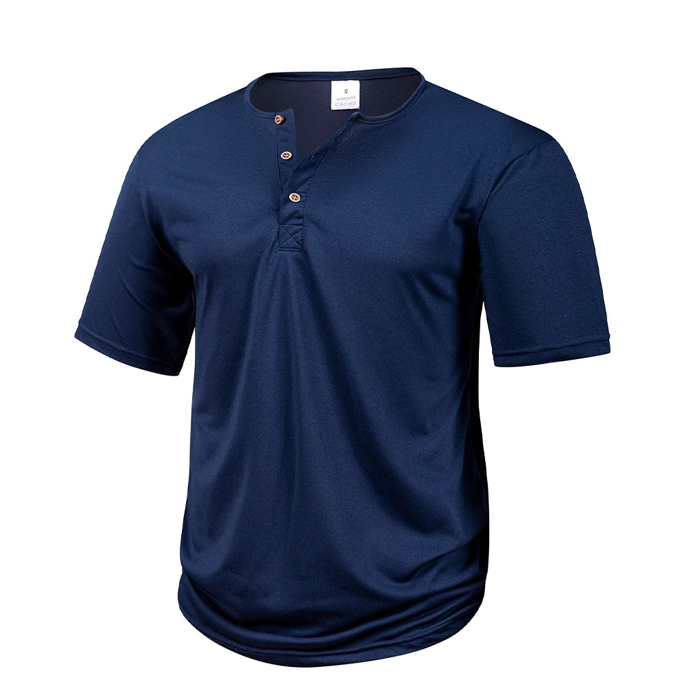 Henley Collar Summer Men's Casual Solid Color Short Sleeve T Shirt Mens   Fashion Basic Slim Button Neck Comfortable Shirt Tops