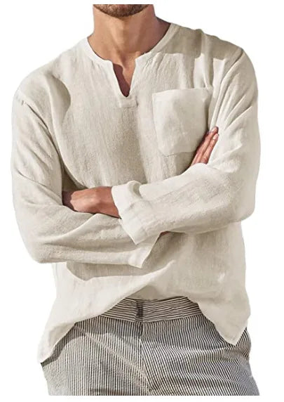 Casual Men's Long Sve V-Ne Linen irt Beach Independent Station Sle Slim Fit T-irt Youth Trend Spring Collection