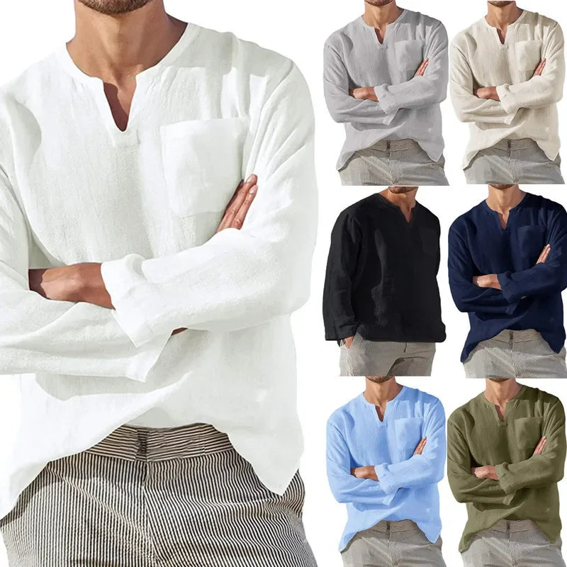 2025 Linen Shirt Men Brief Breathable Solid Color Long Sleeve Harajuku Casual Blouse Hawaiian Shirt Oversize Tops S-5XL