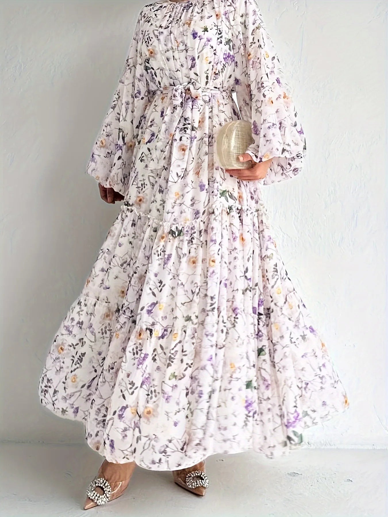 Muslim Dresses for Women Elegant Middle East Chiffon Abayas with Flowers and Belt High Waist Round Neck Summer Robe