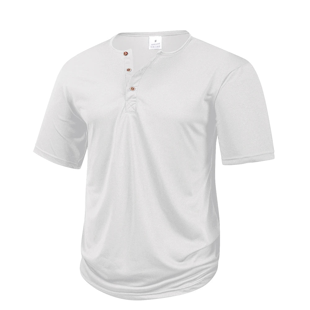 Henley Collar Summer Men's Casual Solid Color Short Sleeve T Shirt Mens   Fashion Basic Slim Button Neck Comfortable Shirt Tops