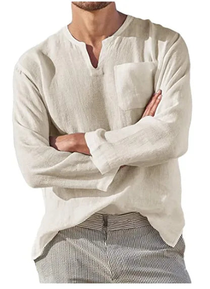 Casual Men's Long Sve V-Ne Linen irt Beach Independent Station Sle Slim Fit T-irt Youth Trend Spring Collection